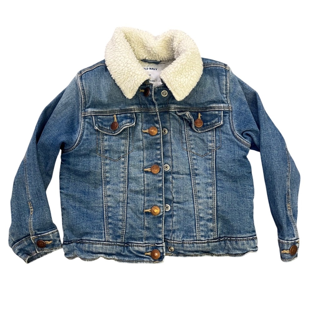 Old Navy Kids 3T Blue Denim Sherpa Lined Trucker Jacket Medium Wash Snap Front